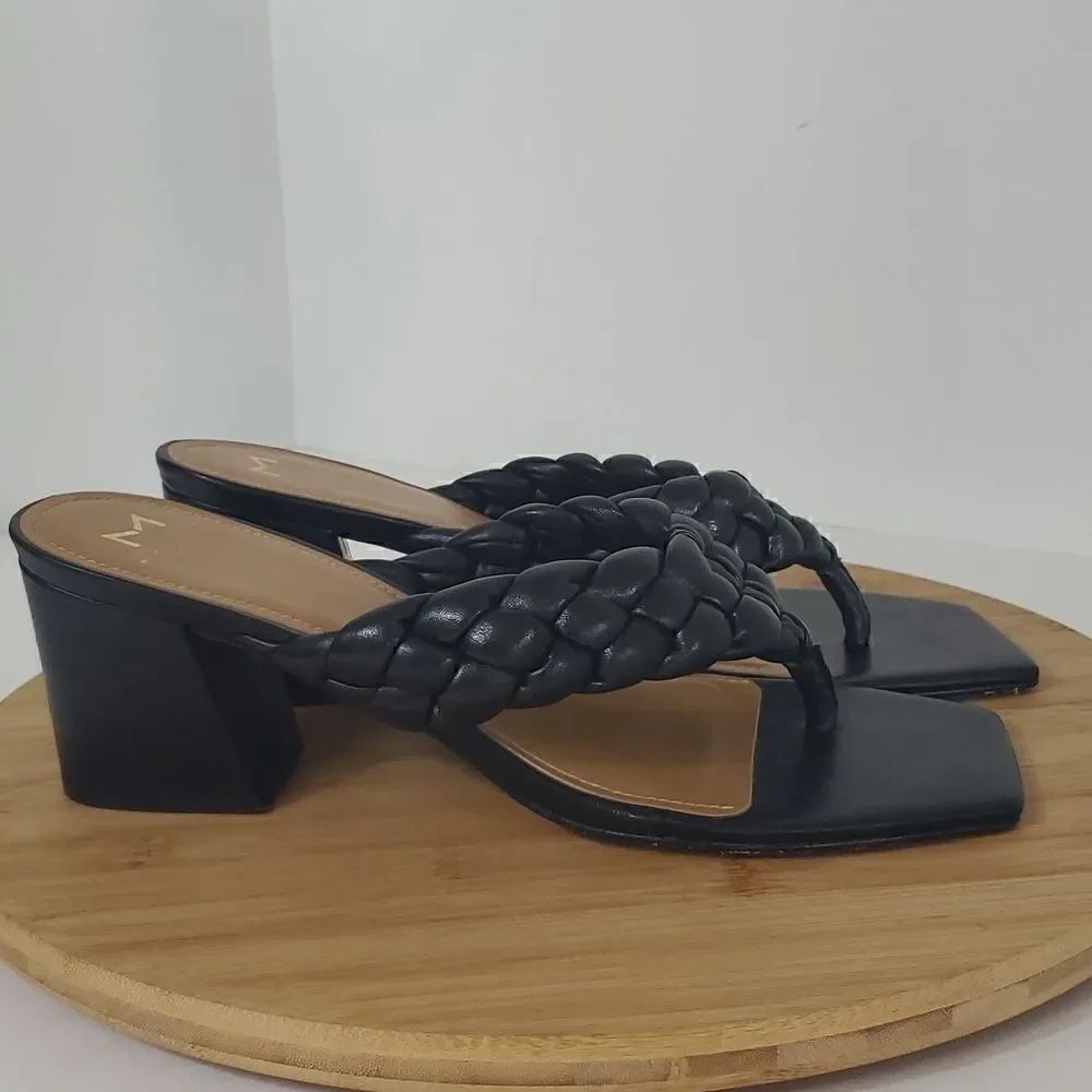 Marc Fisher Norsa Black Leather Braided Block Heel Sandals Size 9.5